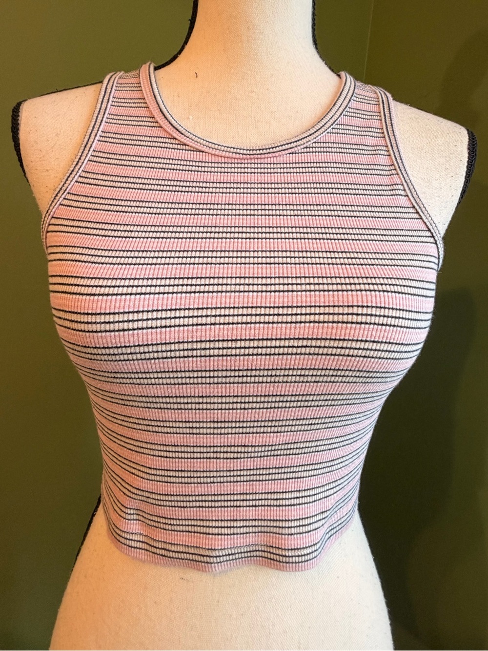 Essentials Pink and Black Striped Ribbed Tank